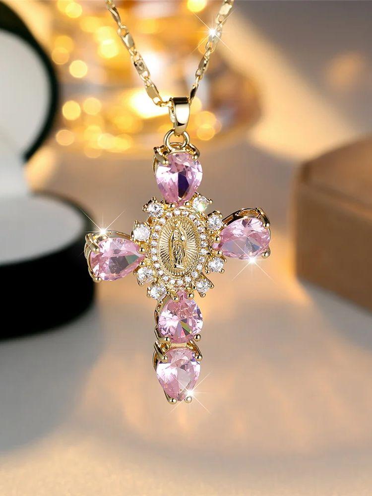 Damen Kristall Blau Schwarz Weiß Zirkon Stein Anhänger Halskette Vintage Großes Kreuz Goldfarbe Hochzeit Für Frauen