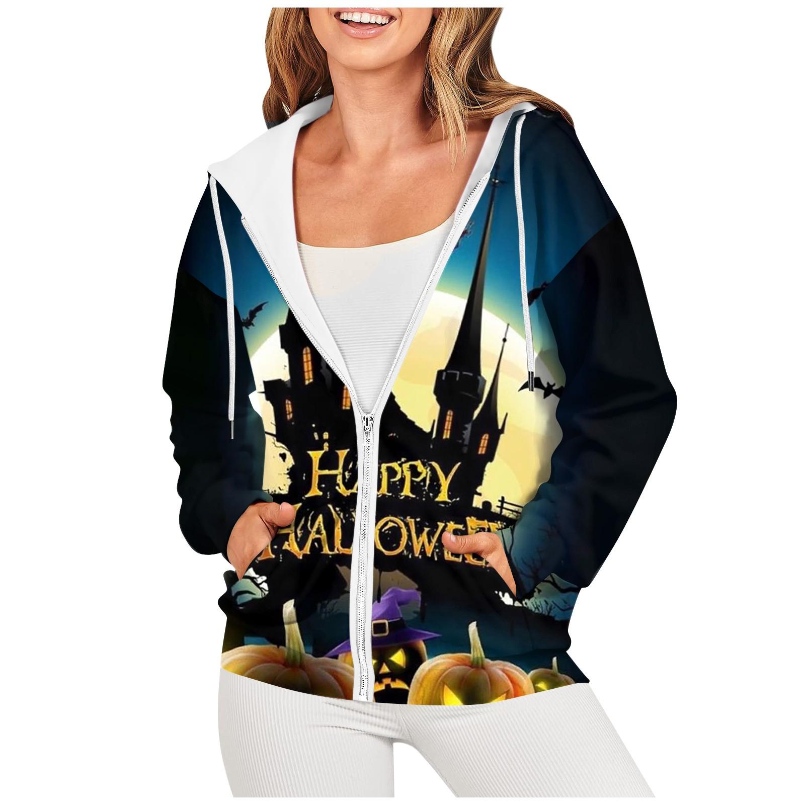 

Женская повседневная мода Хэллоуин принт длинный рукав пуловер толстовки с капюшоном на молнии пальто L синий