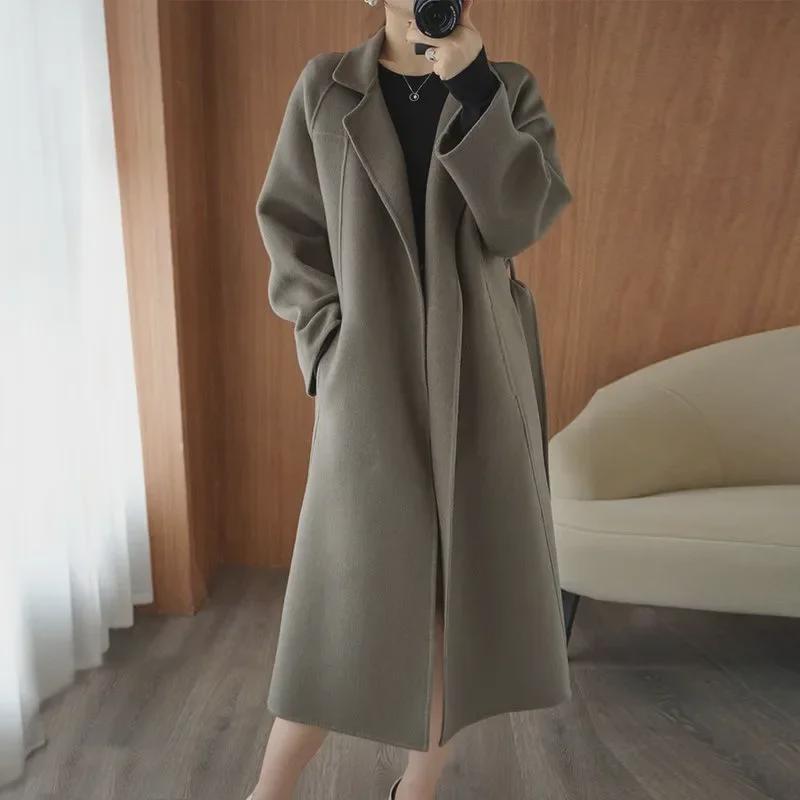 Women's Knee-Length Double-Sided Woolen Coat, Loose Fit, Large Size, 2024 High-End Autumn/Winter Collection