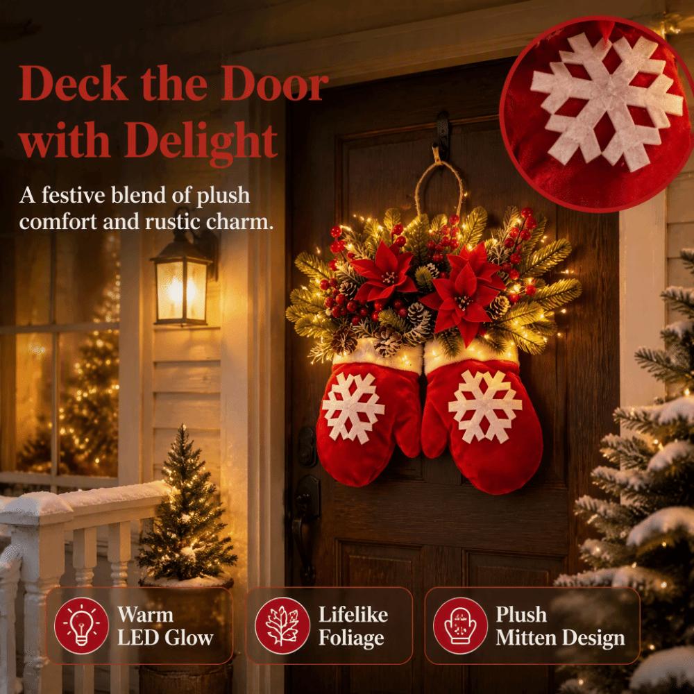 Snowflake Door Hanging Decor Artificial Pinecone Poinsettia Mitten Shaped Door Ornament Red Berries Luminous Christmas Garland