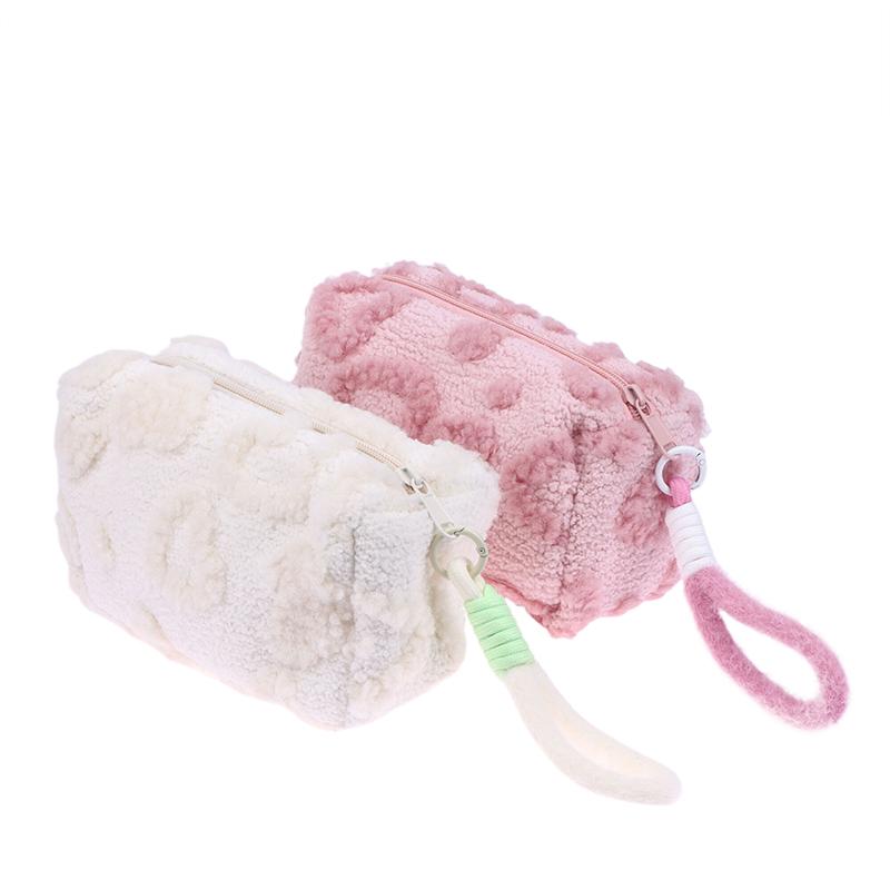 Plush Makeup Bags With Handle Soft Travel Cosmetic Storage Bag Portable Love Print Organizer Pencil Case Cute Clutch Pouch