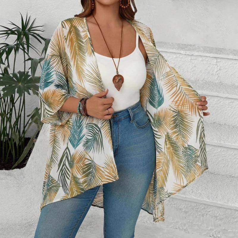 Women Summer New Tropical Print Chiffon Cardigan Vacation Style Loose Sun Protection Fashion Coat
