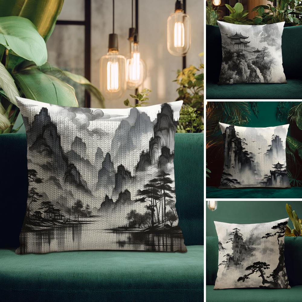Ink Painting Chinese Style Cushion Cover Natural Linen Pillow Case DoubleSided Print Decorative Sofa Pillowcase Home Decor Gift