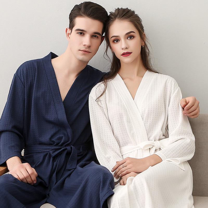 Spring-Summer Waffle Bathrobe: Unisex, Lightweight, 3/4 Sleeves, Korean Style, Absorbent