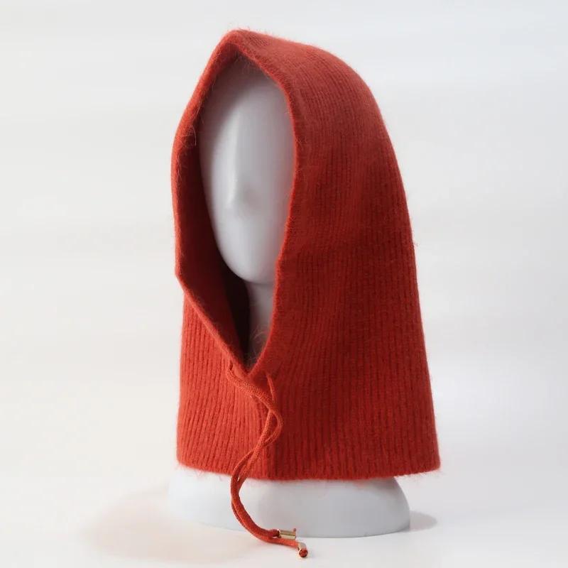 Rabbit Fur Knitted Scarf Hood Hat Women Beanies Warm Winter Unisex  Balaclava Skiing Outdoor Bonnet Thick Earflap Hat