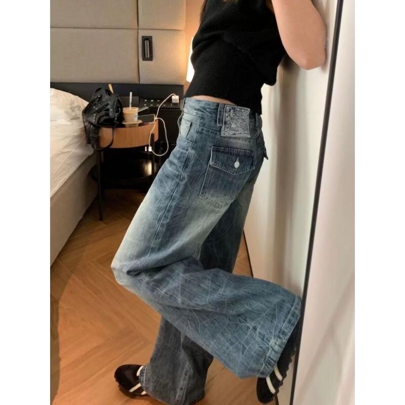 Jeans in Denim a Gamba Larga Lavati Vintage Stile Americano