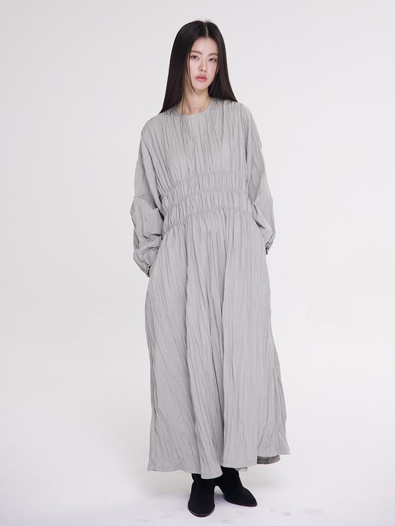 Mermer (2 Colors) Wrinkle Dress Long Sleeve_Black/Khaki Gray