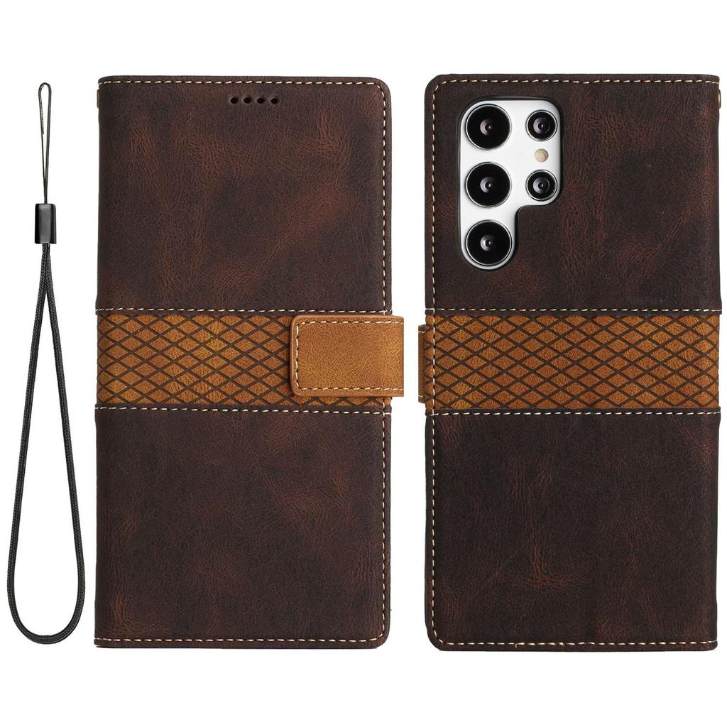 Phone Case for Samsung Galaxy S24 Ultra Grid Splicing Stand PU Leather Wallet Phone Cover with Strap