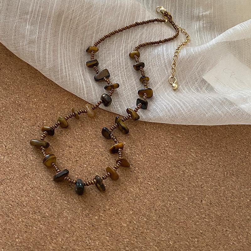 

Винтажное ожерелье «Тигровый глаз» - Коричневый круглый кулон для осенне-зимней моды, Элегантная женская цепочка для свитера во французском стиле