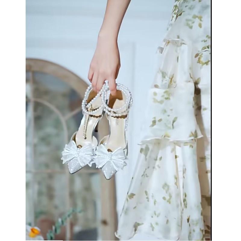 High Heels Women's Summer 2024 New Beautiful Rhinestone Bow Wedding Shoes Pointed Thin Heel Light Mouth Versatile Sandals