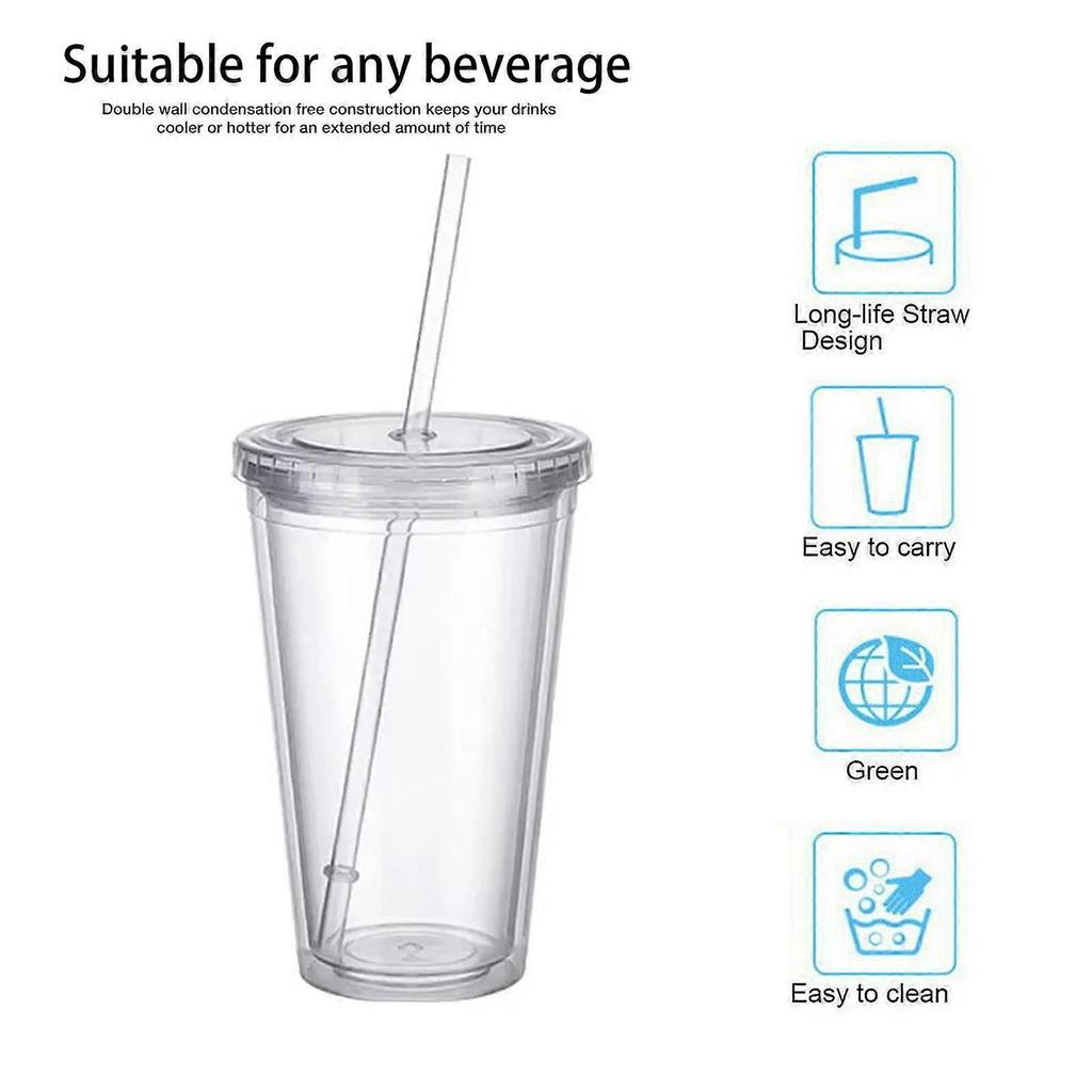 Reusable Plastic Cups, Double-Walled Transparent Drinking Cup with Straw, Reusable Cups, Suitable for Fruit Juice