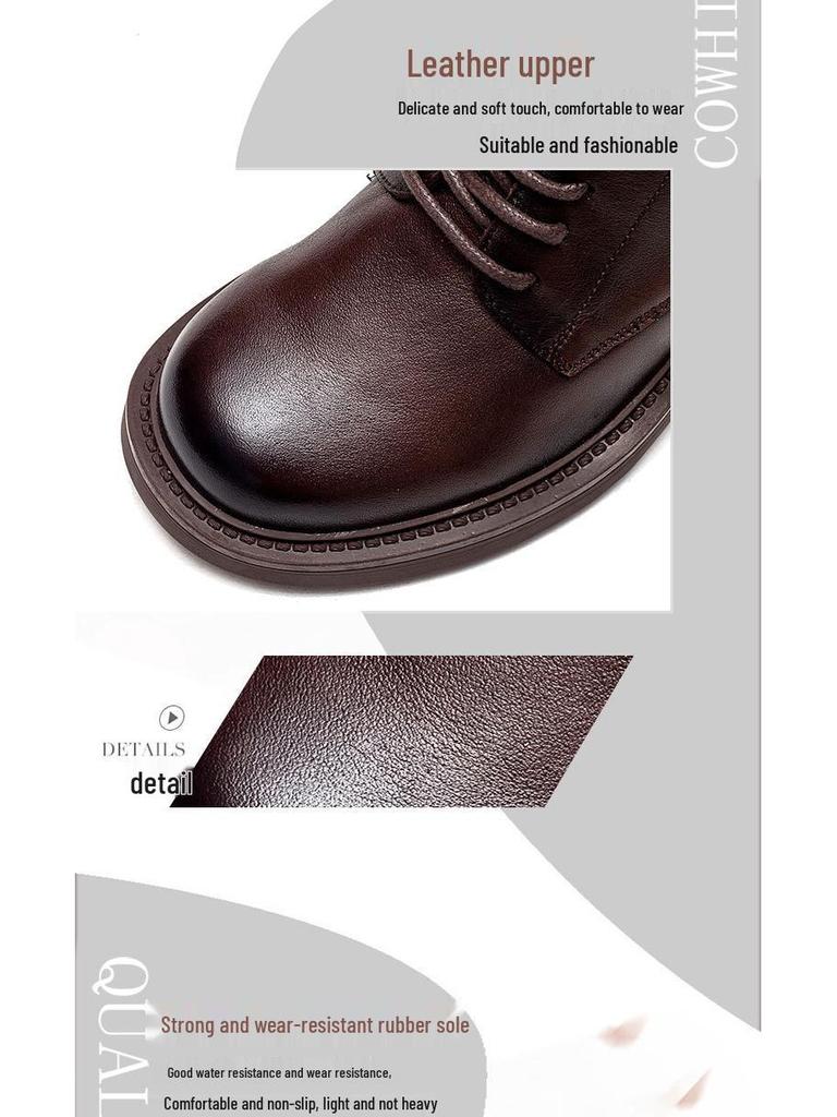 Shanghai Jie Zhou Herbstliche Stiefeletten mit runder Zehenpartie, Blockabsatz, aus Rindsleder, modische Martin Boots mit seitlichem Reißverschluss – Mittelhohe Stiefeletten