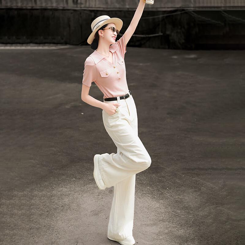 Damen Sommer POLO-Kragen Strick Kurzarm Top
