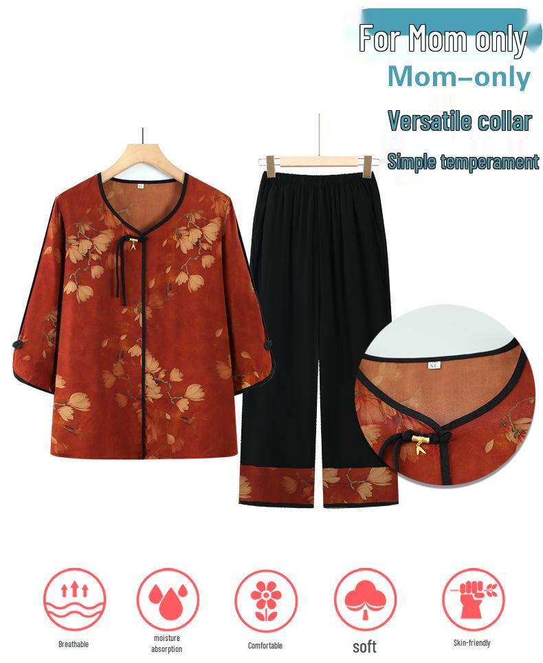 Summer Mid-Sleeve Casual T-Shirt & Thin Two-Piece Set for Elderly Women