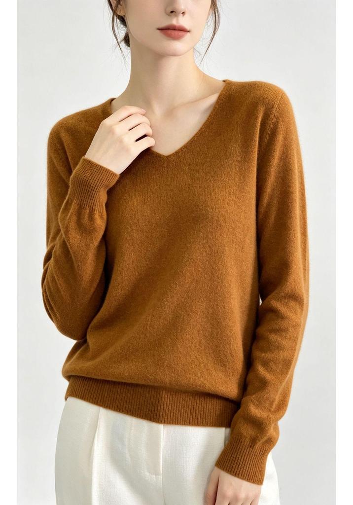 Women's 100% Pure Wool V-Neck Loose Knit Sweater - Solid Color Autumn/Winter Basic Layer