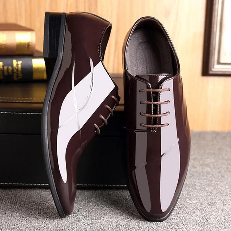 Men's New Formal Business Leather Shoes Spring Fashion Lace Up Pointed Patent Leather Wedding Shoes Big Size 38-48 Men's Shoes
