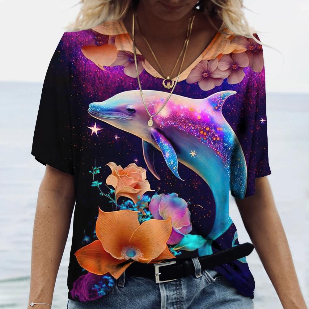 Women's Dolphin Print T-shirt V-neck Top Retro Aesthetic Clothing Oversized Funny Loose Fashion Novelty T-shirt