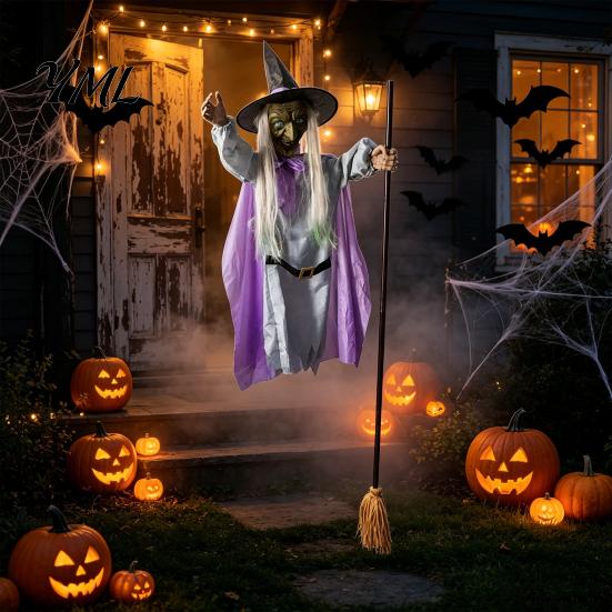 Sound Activated Party Prop 200cm Halloween Flying Witch with Scary Sounds & Glowing Eyes, Floating for Lawn Creepy Garden Yard Lawn, Haunted