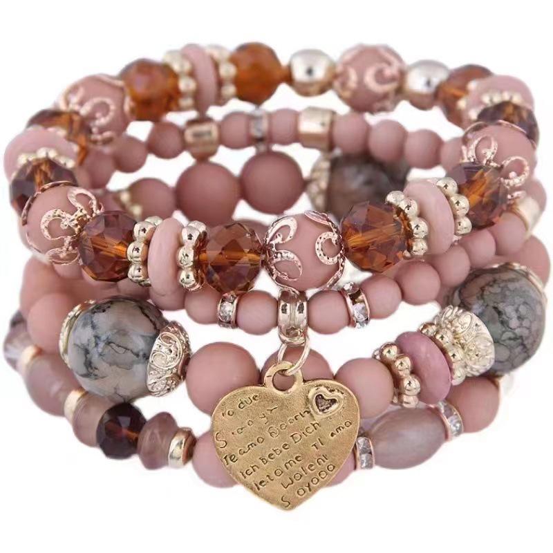 Bohemian Multilayer Elastic Rope Bracelet with Alloy Heart Pendant