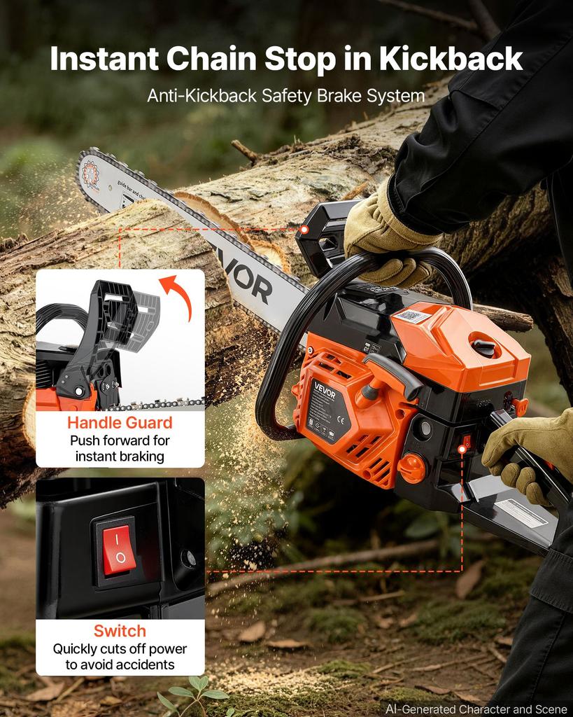 VEVOR Gas Powered Chainsaw 508 & 558.8 mm 62CC 2.7kW 2 Stroke Engine Saw, for Wood Cutting, Tree Trimming & Land Clearing