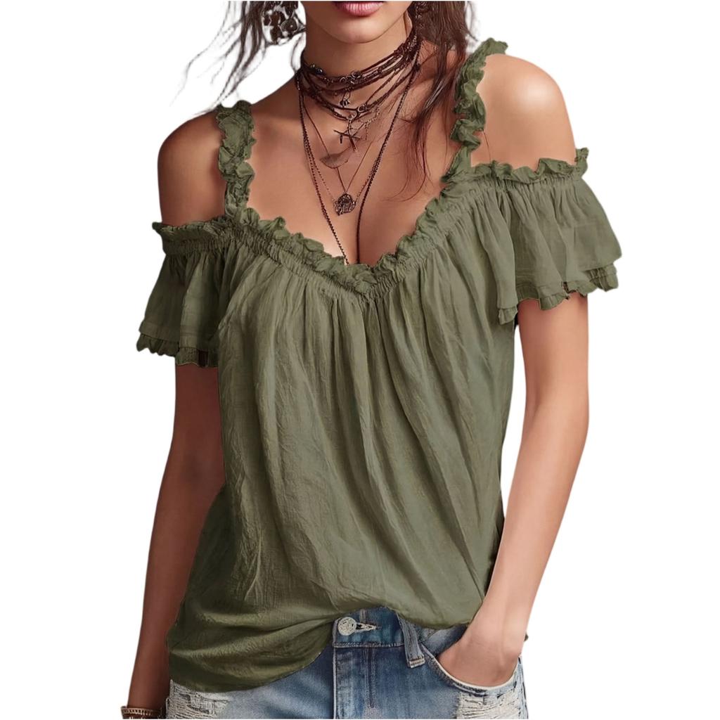 Blusa da Donna a Spalle Scoperte con Maniche a Volant Vestibilità Larga Top Estivo Pullover Casual Leggero per Uso Quotidiano