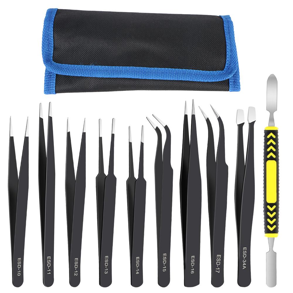ESD Tweezers 10Pcs/Set Industrial Repair Tools Precision Anti-Static Electronics Soldering Craft Curved Straight Tweezers Stainless Steel