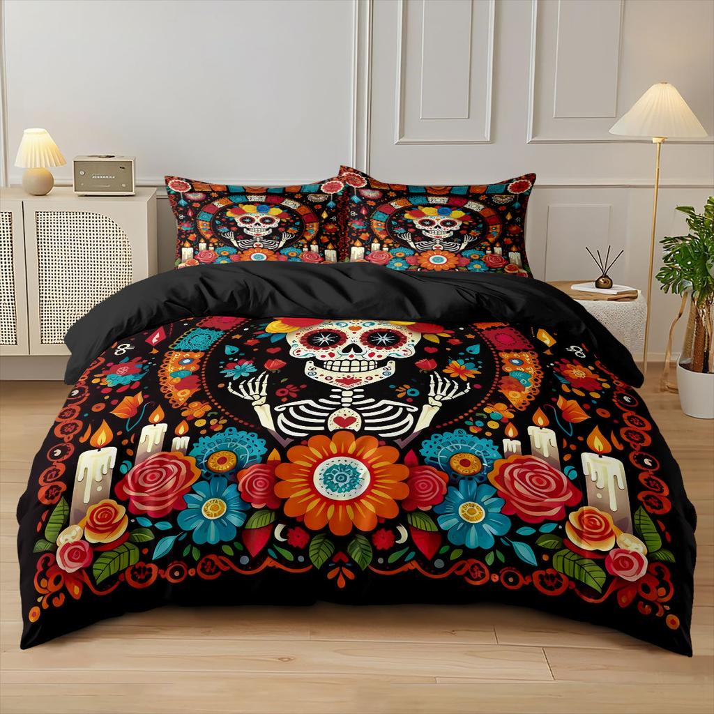 Skull Flowers Bedding Set skull retro print Duvet Cover Pillowcase Co co room decoration Quilt Cover Single Double Large Size