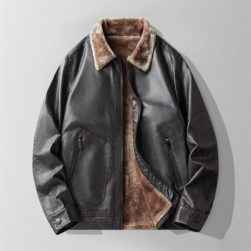 Men's new top thickened fleece leather jacket autumn and winter men's leather jacket leather light business casual square collar fashion hundred