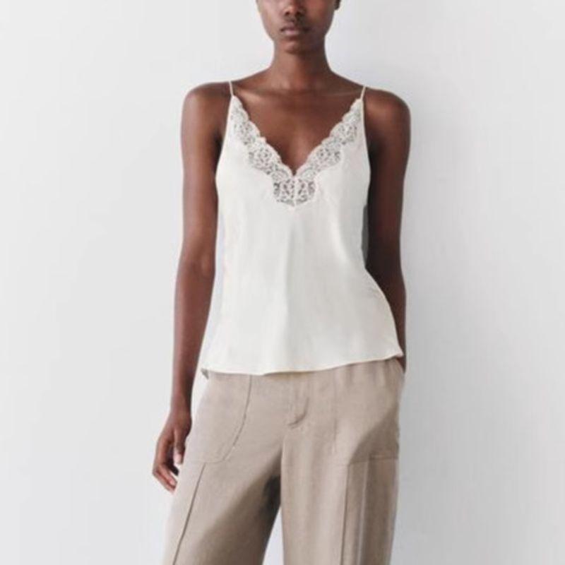Spring New Women's French Style Elegant Sexy Lace Decorative Silk Satin Textured Vest Tops 1067261
