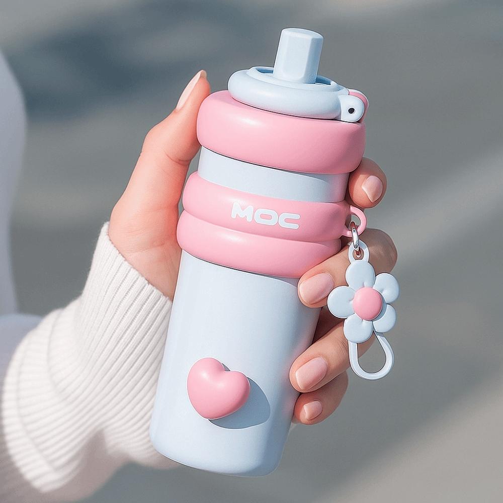 With Flower Pendant Straw  Vacuum Cup 750ml Thermos Water Bottle Portable Insulated Cup  Car