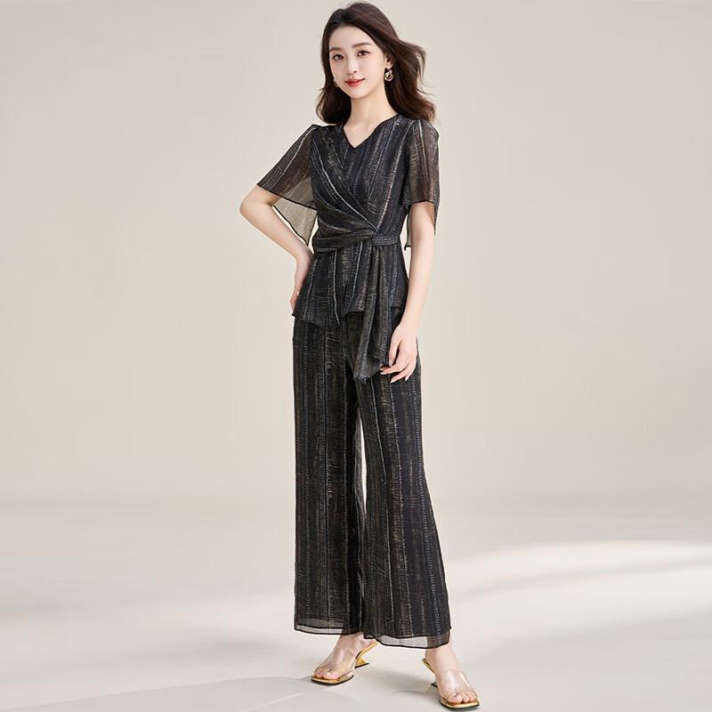 

Women s Striped Slim-Fit Top & Wide-Leg Pants Two-Piece Set 4XL