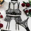 Erotic Eyelash Lace Embroidery See-through Three-piece Lingerie Set