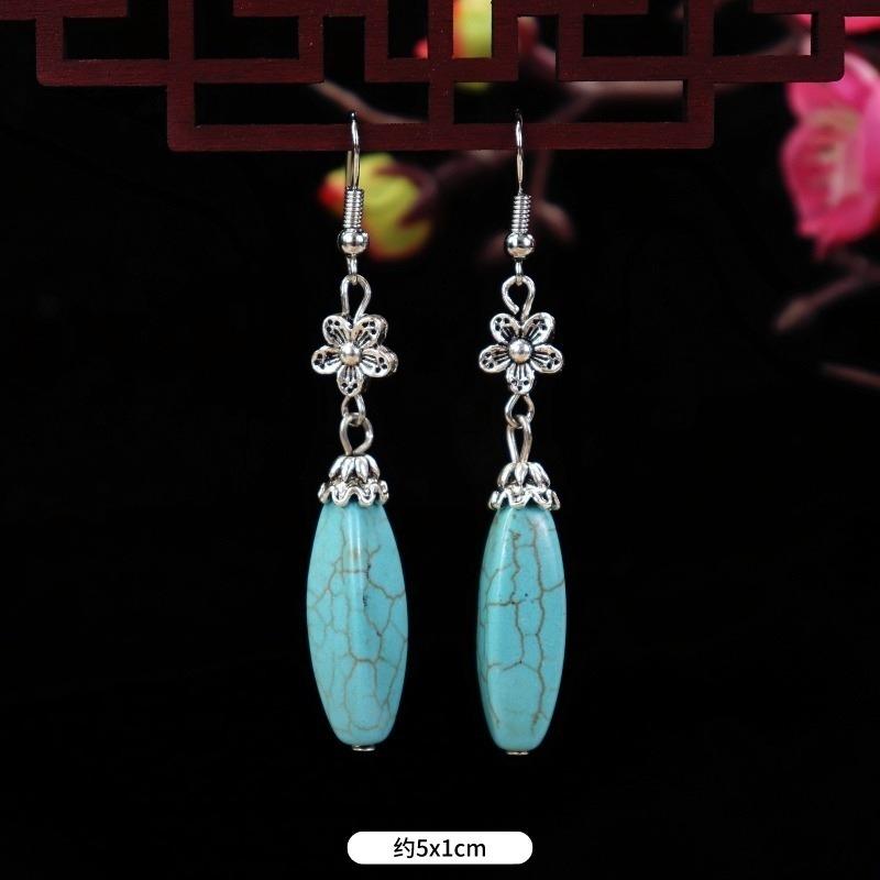 

Retro turquoise earrings women s elegant simple flower water drop earrings long fringed antique ear jewelry