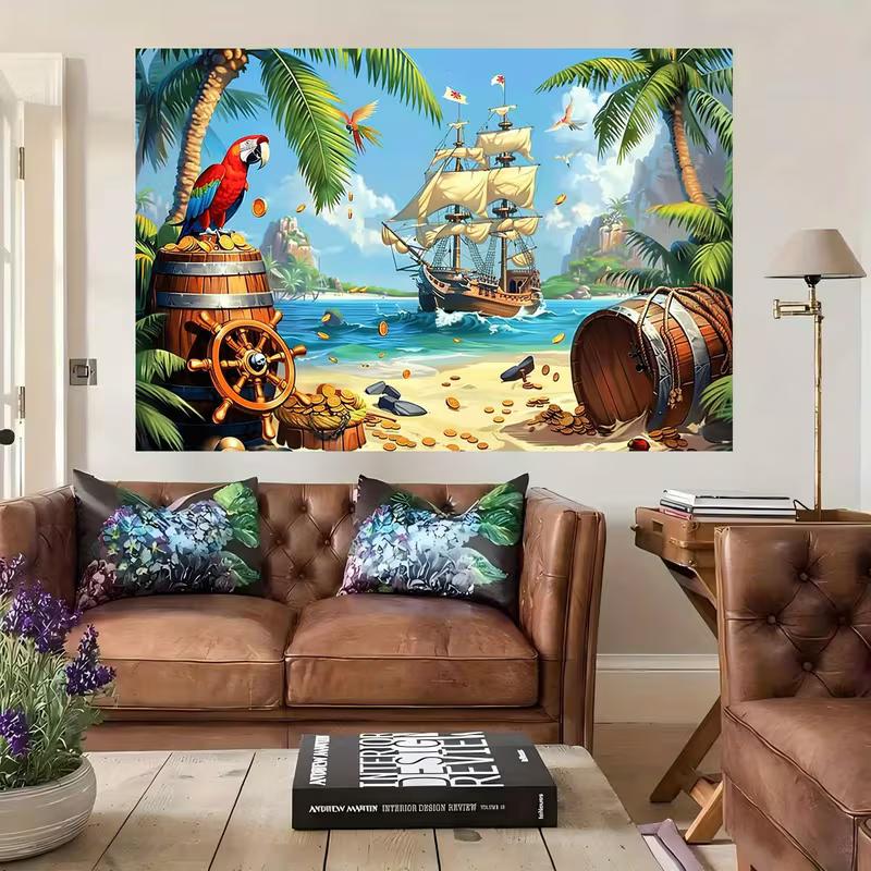 Caribbean Pirate Backdrop - Tropical Beach Ship, Parrot & Treasure Background