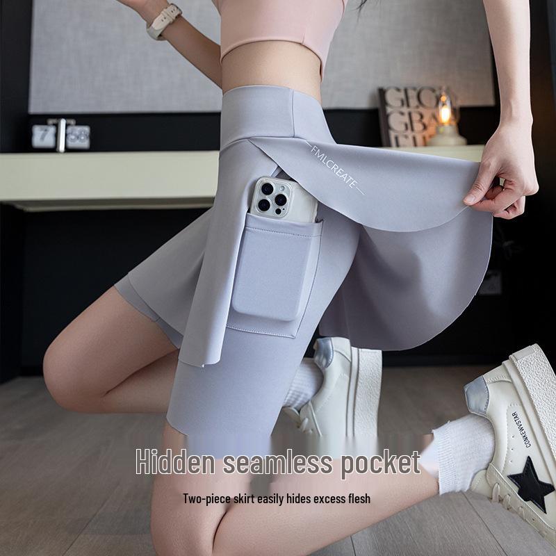 Women's Two-Piece Leggings with High-Waisted Skirt - Anti-Exposure, Color Block Yoga Shark Design