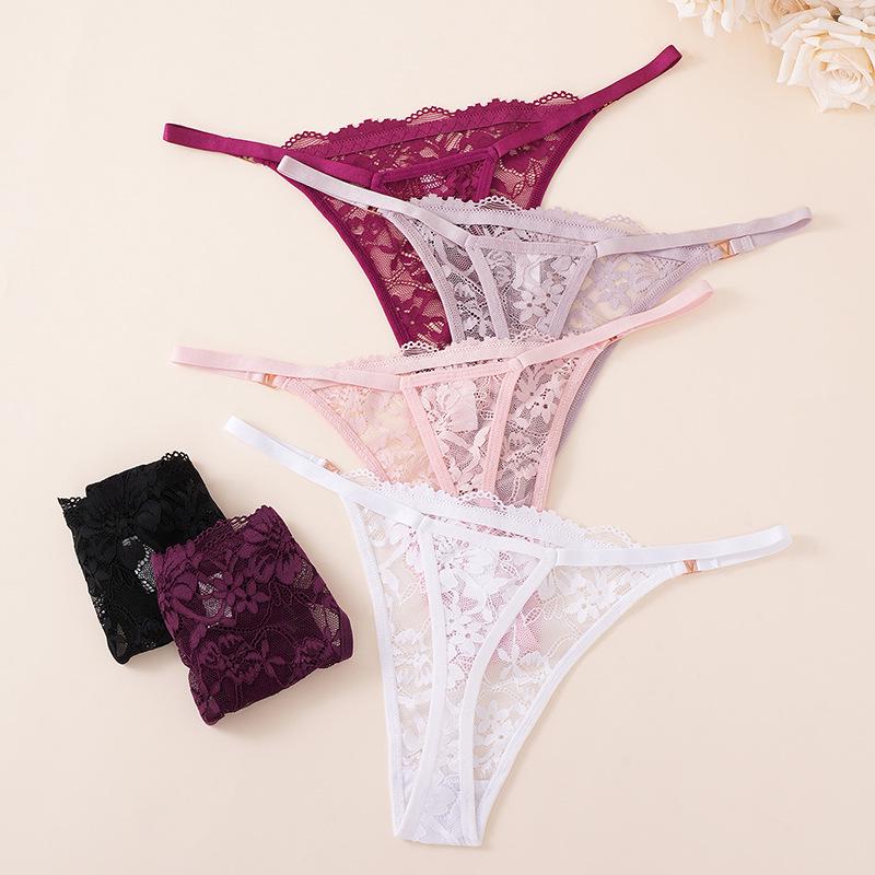 Temu Low-Rise Lace Trim Solid Color Sheer Sexy Thong for Women