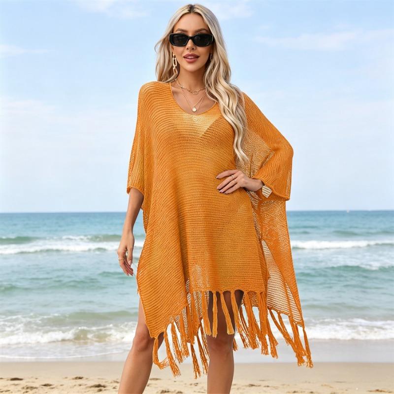Womens Crochet Hollow Out V Neck Fringe Hem Beach Cover Up