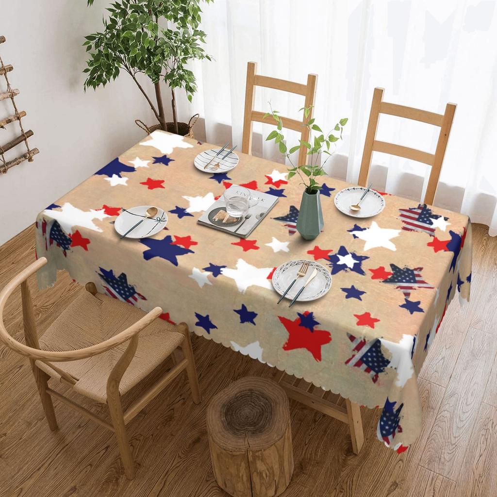 Independence Day Flower Wreath Waterproof Rectangular Tablecloth Red Blue Flower Star USA Flag Tables Cover for Dinner Kitchen
