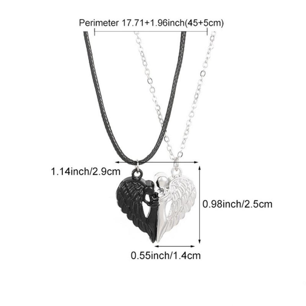 Unique Geometric Two-Color Splicing Heart Angel Wing Pendant Magnetic Necklace Fashionable Versatile Couple s Accessory Gift 50cm