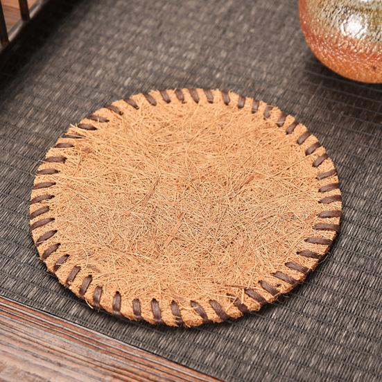 Handwoven Coir Tea Coaster Heat-Resistant Natural Bristle Mat for Teapot Cups Rustic Palm Fiber Pad for Tea Ceremony Absorbent Eco-Friendly