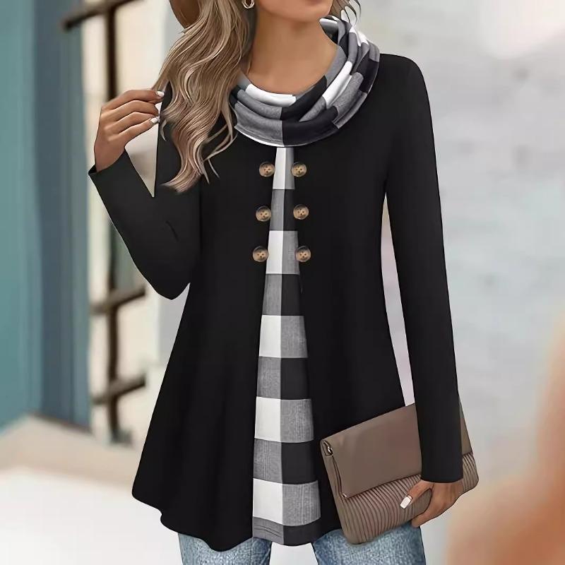Autumn T-shirts Fashion Plaid Print Fake Two-piece Pleated Scarf Wild Button Plus Size Women's Thin Long-sleeved T-shirt
