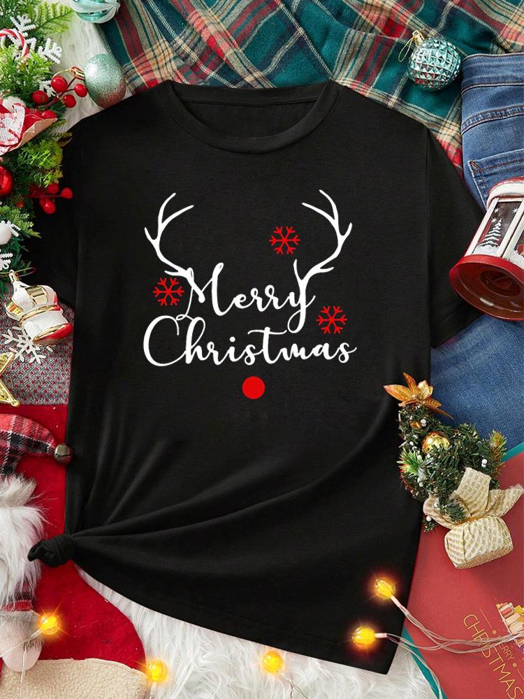 Casual Christmas Santa Claus T-Shirt for Women Loose Round Neck Short Sleeve Female T-shirt Tops Suitable for All Season