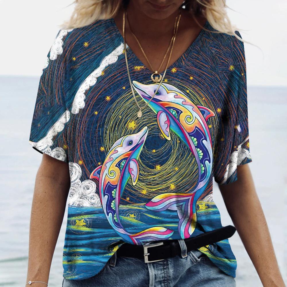 Women's Dolphin Print T-shirt V-neck Top Retro Aesthetic Clothing Oversized Funny Loose Fashion Novelty T-shirt