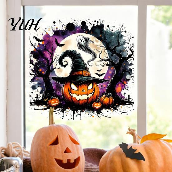 Halloween Window Clings Static Clings, Watercolor Pumpkin Ghost Skull Decals, No Removable Glass Decorations Glue Stickers for Living Room Store Front