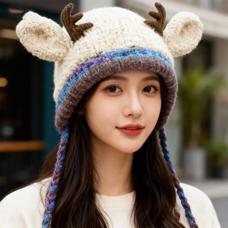 Czapka dziergana z rogami renifera Ciepły zimowy dodatek na przyjęcia świąteczne spotkania rodzinne