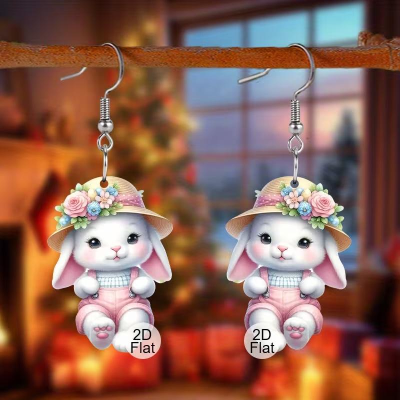 Cross-border rabbit earrings wearing straw hats 2D flat acrylic creative floral decoration cute bunny earrings