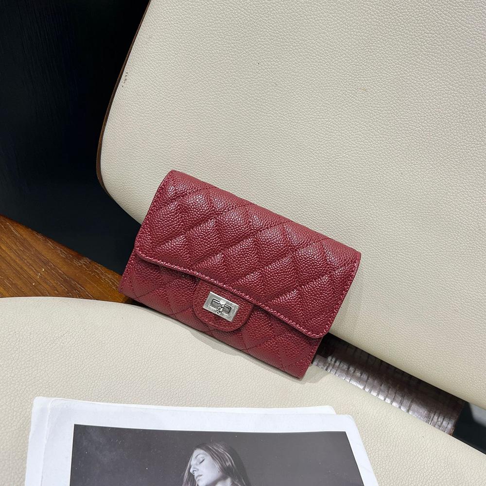 

Medium Long Women Wallets Genuine Leather Caviar Wallet Diamond Quilted First Layer of Cowhide Purse Turnlock Billfold Without Logo вино красного