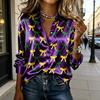 Damska Koszula Klapy Długi Rękaw Mardi Gras Pasiasty Nadruk Koszule Topy Guziki Plisa Luźny Krój Karnawałowy Strój Imprezowe Topki Miękki Materiał Festiwalowe
