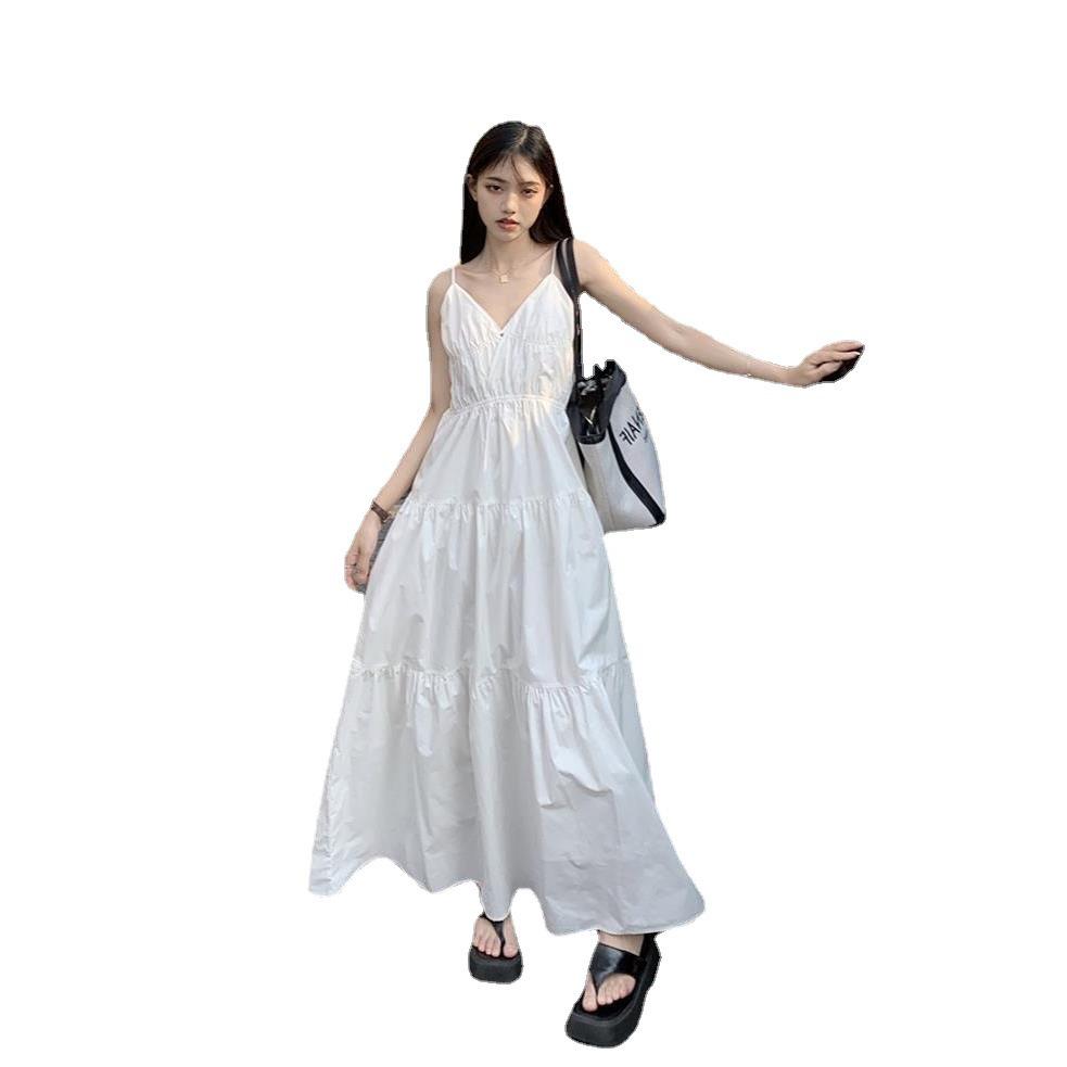 Women's Slimming White V-Neck Spaghetti Strap French Beach Dress