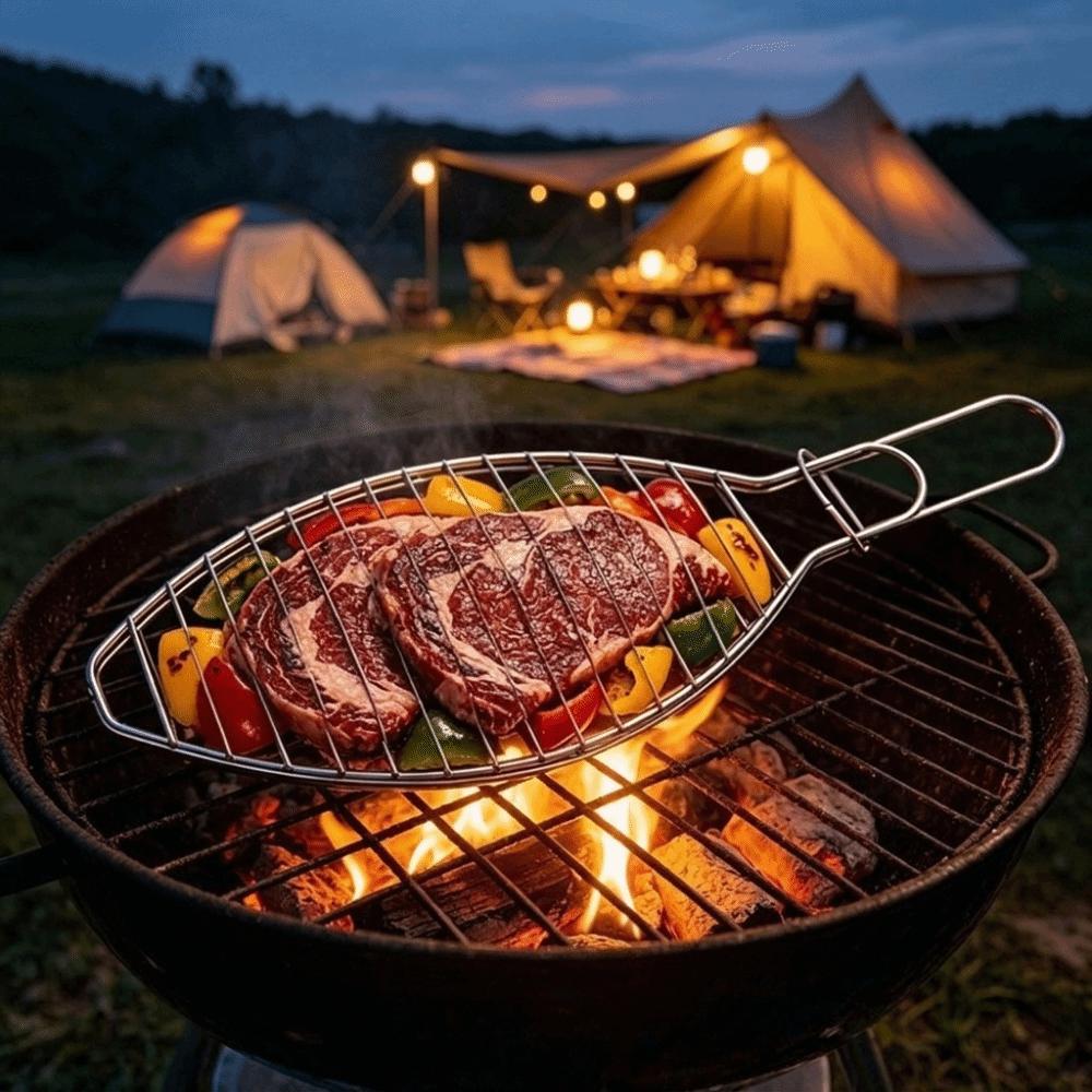 Fish-Shaped Iron Fish Grill Rack Wire Grid Long Handle Fish Grill Basket Easy Clean Sliding Lock BBQ Grill Clip